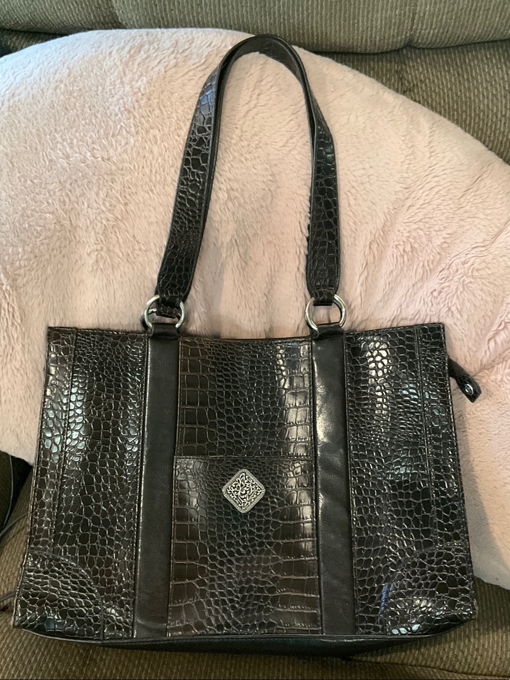 Coldwater Creek Black Croc-Embossed Tote with Silver Medallion Accent